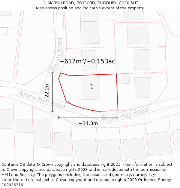 1, MARSH ROAD, BOXFORD, SUDBURY, CO10 5HT: Plot and title map