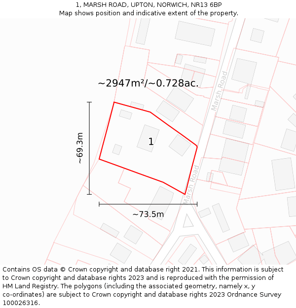 1, MARSH ROAD, UPTON, NORWICH, NR13 6BP: Plot and title map