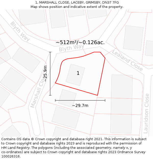 1, MARSHALL CLOSE, LACEBY, GRIMSBY, DN37 7FG: Plot and title map