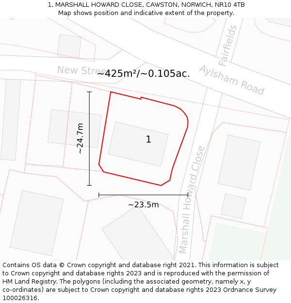 1, MARSHALL HOWARD CLOSE, CAWSTON, NORWICH, NR10 4TB: Plot and title map