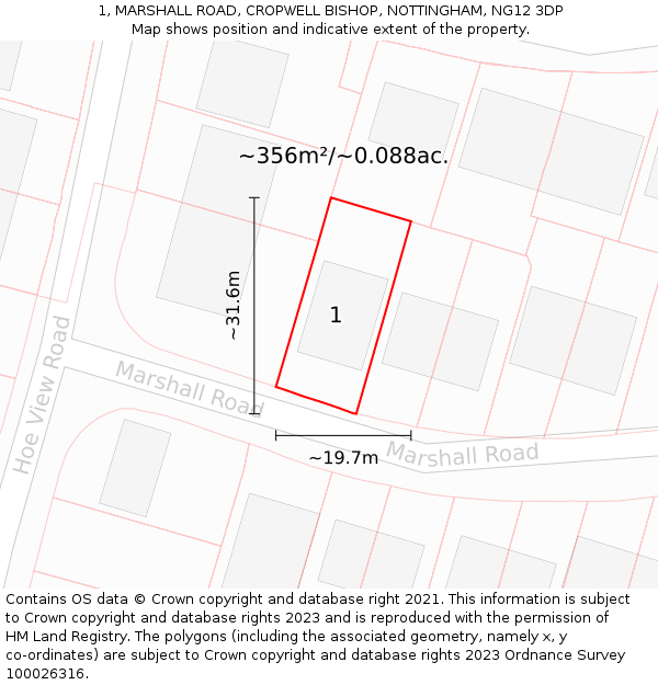 1, MARSHALL ROAD, CROPWELL BISHOP, NOTTINGHAM, NG12 3DP: Plot and title map