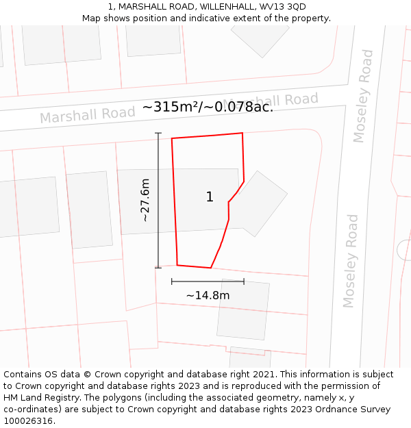 1, MARSHALL ROAD, WILLENHALL, WV13 3QD: Plot and title map