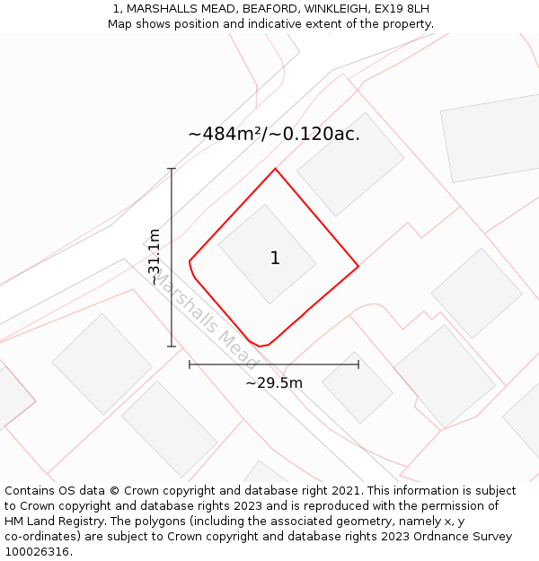 1, MARSHALLS MEAD, BEAFORD, WINKLEIGH, EX19 8LH: Plot and title map
