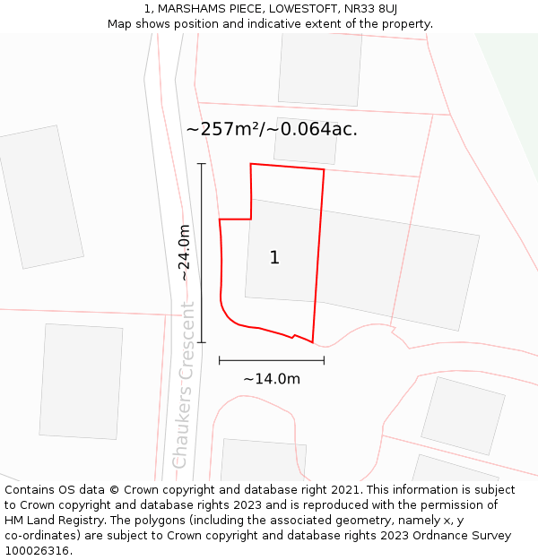1, MARSHAMS PIECE, LOWESTOFT, NR33 8UJ: Plot and title map