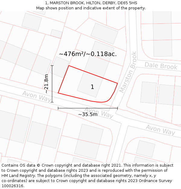 1, MARSTON BROOK, HILTON, DERBY, DE65 5HS: Plot and title map