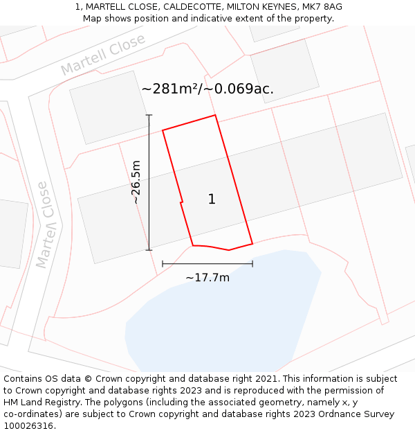 1, MARTELL CLOSE, CALDECOTTE, MILTON KEYNES, MK7 8AG: Plot and title map
