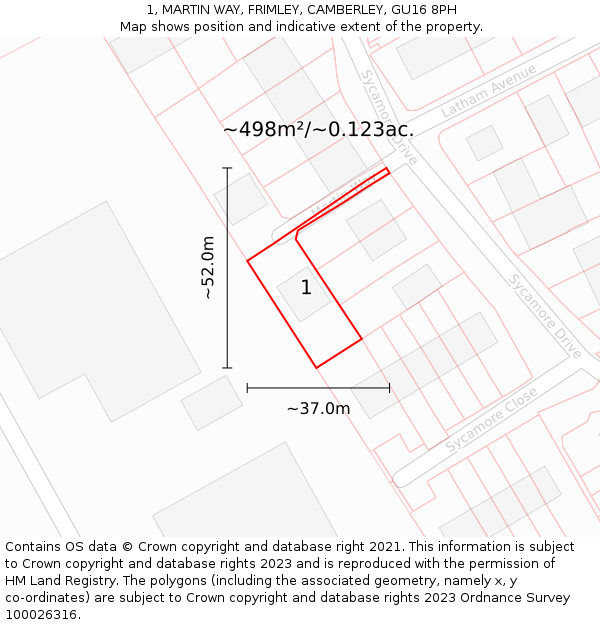 1, MARTIN WAY, FRIMLEY, CAMBERLEY, GU16 8PH: Plot and title map