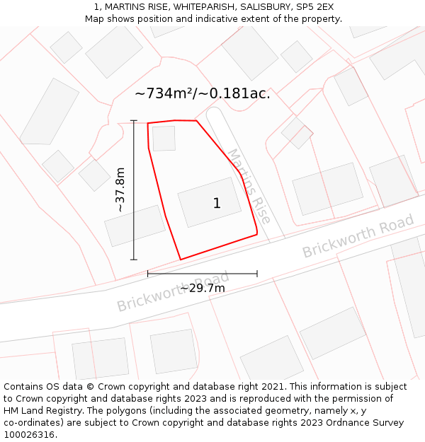 1, MARTINS RISE, WHITEPARISH, SALISBURY, SP5 2EX: Plot and title map