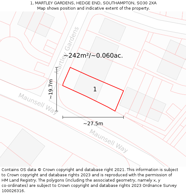 1, MARTLEY GARDENS, HEDGE END, SOUTHAMPTON, SO30 2XA: Plot and title map