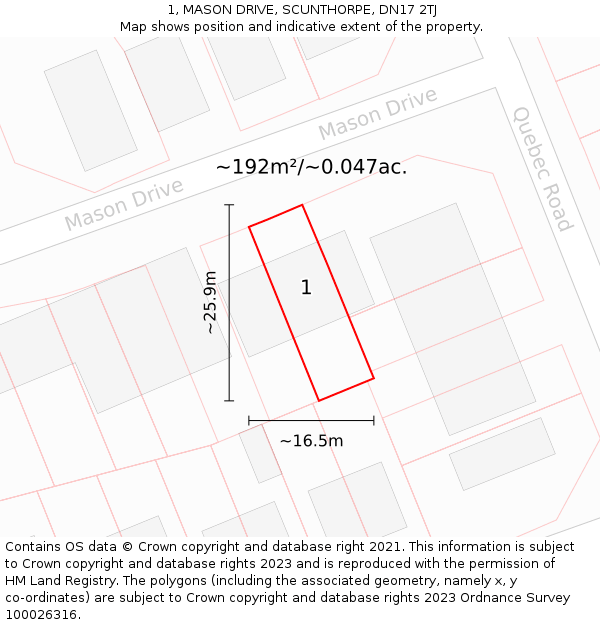 1, MASON DRIVE, SCUNTHORPE, DN17 2TJ: Plot and title map