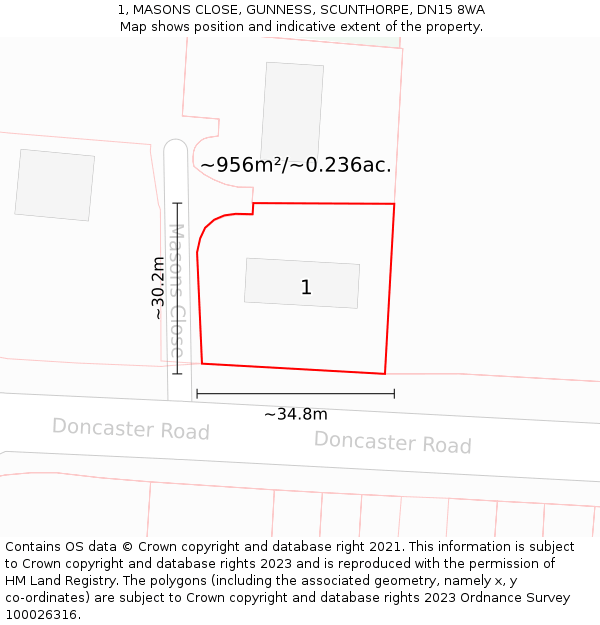 1, MASONS CLOSE, GUNNESS, SCUNTHORPE, DN15 8WA: Plot and title map