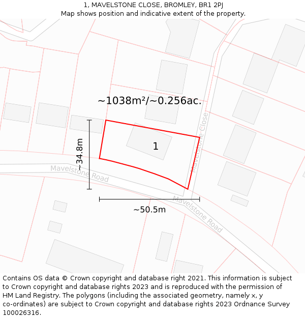 1, MAVELSTONE CLOSE, BROMLEY, BR1 2PJ: Plot and title map