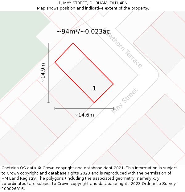 1, MAY STREET, DURHAM, DH1 4EN: Plot and title map