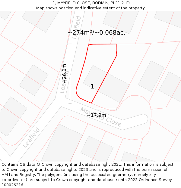 1, MAYFIELD CLOSE, BODMIN, PL31 2HD: Plot and title map