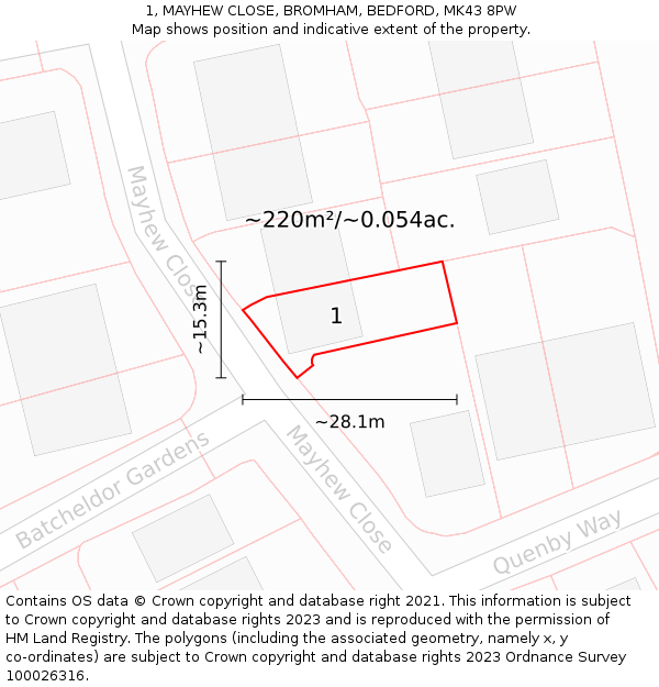 1, MAYHEW CLOSE, BROMHAM, BEDFORD, MK43 8PW: Plot and title map