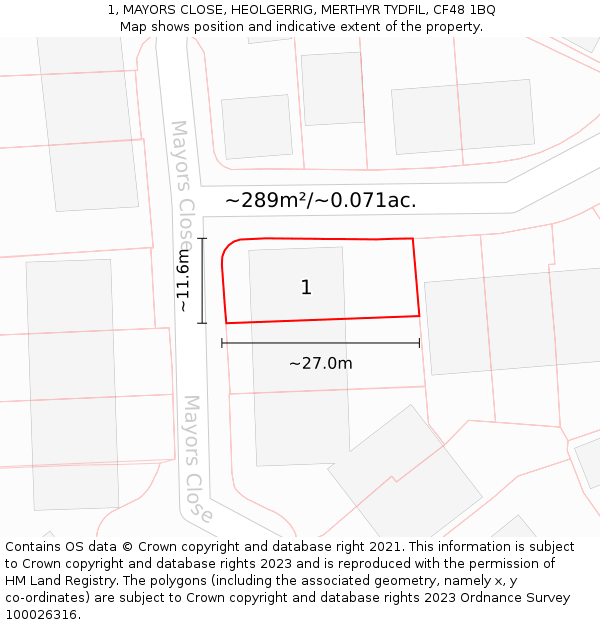 1, MAYORS CLOSE, HEOLGERRIG, MERTHYR TYDFIL, CF48 1BQ: Plot and title map