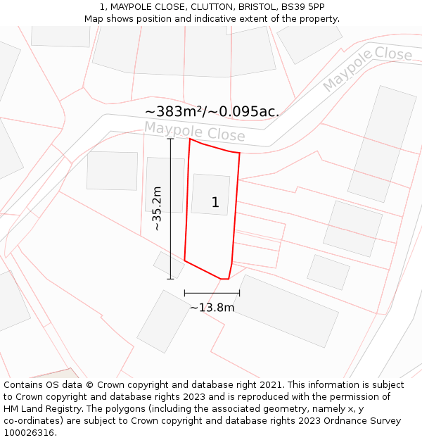 1, MAYPOLE CLOSE, CLUTTON, BRISTOL, BS39 5PP: Plot and title map