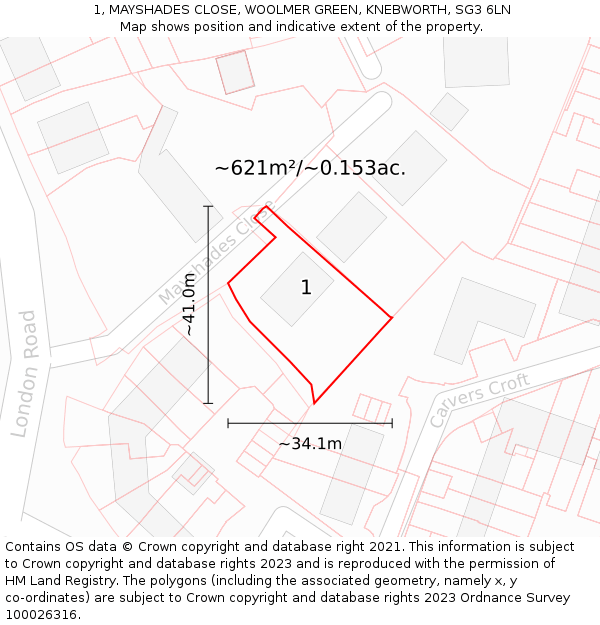 1, MAYSHADES CLOSE, WOOLMER GREEN, KNEBWORTH, SG3 6LN: Plot and title map
