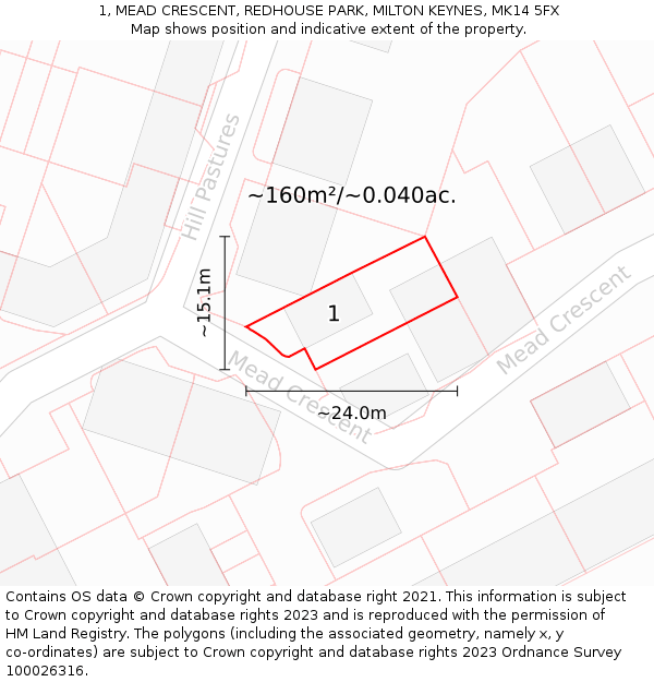 1, MEAD CRESCENT, REDHOUSE PARK, MILTON KEYNES, MK14 5FX: Plot and title map