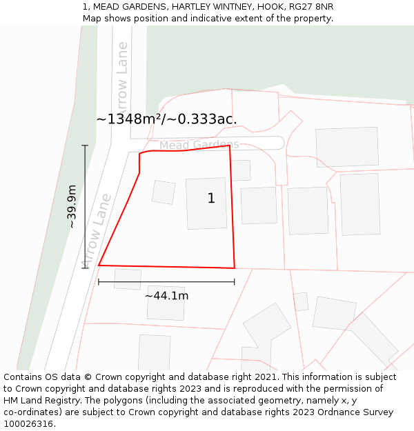1, MEAD GARDENS, HARTLEY WINTNEY, HOOK, RG27 8NR: Plot and title map