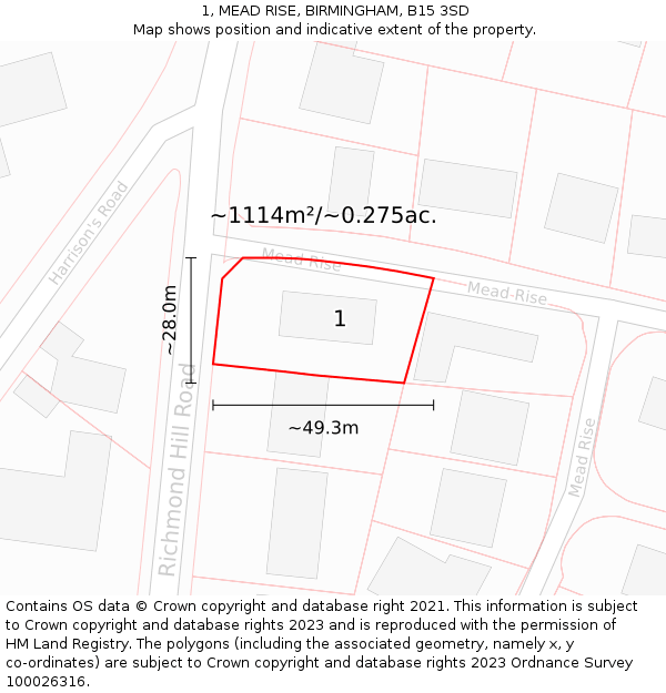 1, MEAD RISE, BIRMINGHAM, B15 3SD: Plot and title map