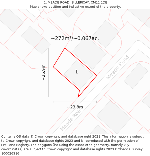 1, MEADE ROAD, BILLERICAY, CM11 1DE: Plot and title map