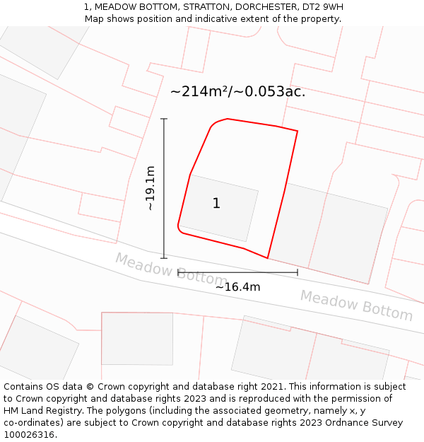 1, MEADOW BOTTOM, STRATTON, DORCHESTER, DT2 9WH: Plot and title map