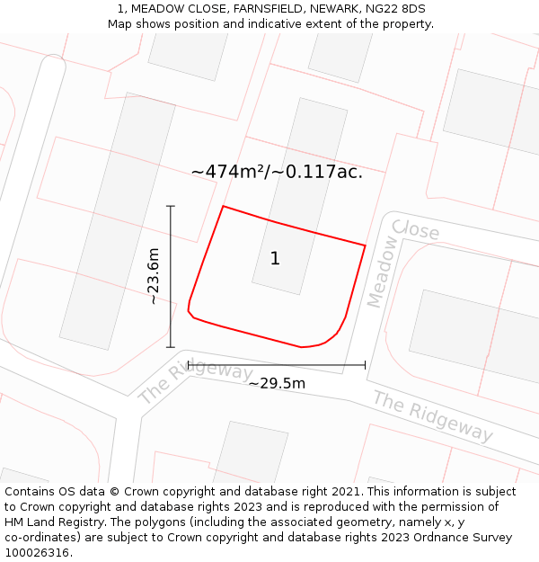 1, MEADOW CLOSE, FARNSFIELD, NEWARK, NG22 8DS: Plot and title map