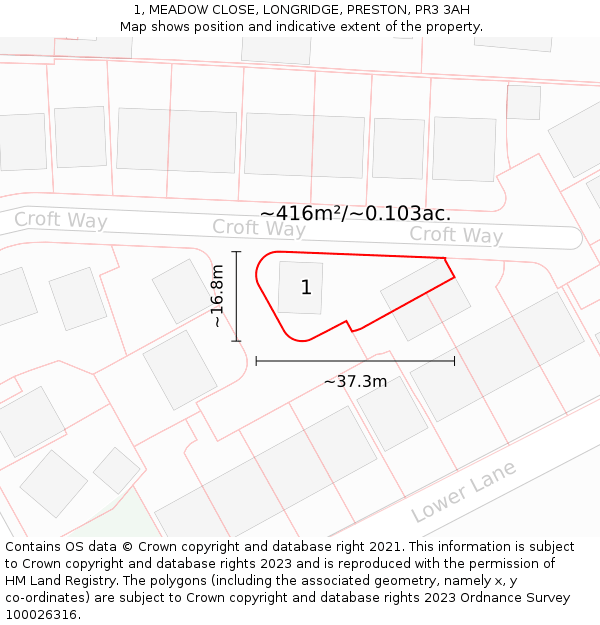 1, MEADOW CLOSE, LONGRIDGE, PRESTON, PR3 3AH: Plot and title map