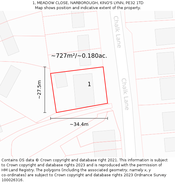 1, MEADOW CLOSE, NARBOROUGH, KING'S LYNN, PE32 1TD: Plot and title map