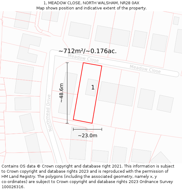 1, MEADOW CLOSE, NORTH WALSHAM, NR28 0AX: Plot and title map