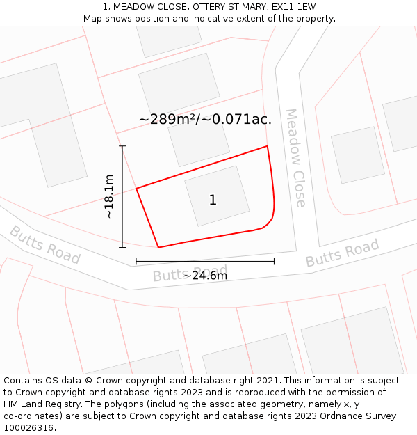 1, MEADOW CLOSE, OTTERY ST MARY, EX11 1EW: Plot and title map