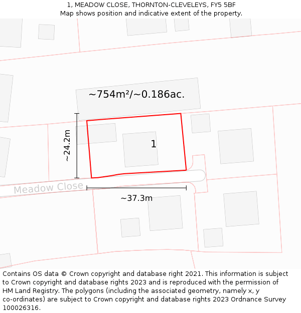 1, MEADOW CLOSE, THORNTON-CLEVELEYS, FY5 5BF: Plot and title map
