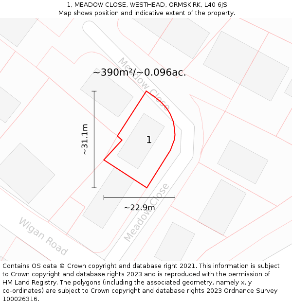 1, MEADOW CLOSE, WESTHEAD, ORMSKIRK, L40 6JS: Plot and title map