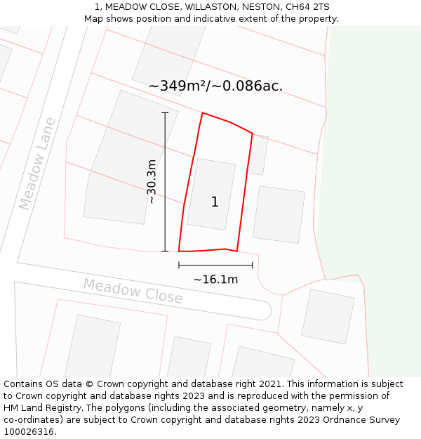 1, MEADOW CLOSE, WILLASTON, NESTON, CH64 2TS: Plot and title map