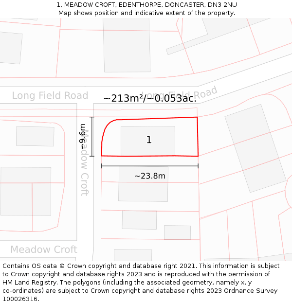 1, MEADOW CROFT, EDENTHORPE, DONCASTER, DN3 2NU: Plot and title map