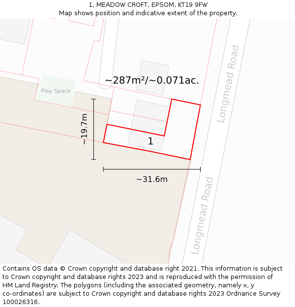 1, MEADOW CROFT, EPSOM, KT19 9FW: Plot and title map