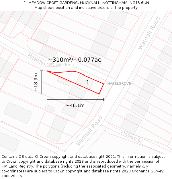 1, MEADOW CROFT GARDENS, HUCKNALL, NOTTINGHAM, NG15 6UN: Plot and title map