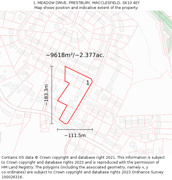 1, MEADOW DRIVE, PRESTBURY, MACCLESFIELD, SK10 4EY: Plot and title map