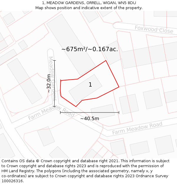 1, MEADOW GARDENS, ORRELL, WIGAN, WN5 8DU: Plot and title map