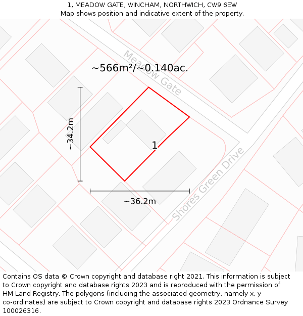 1, MEADOW GATE, WINCHAM, NORTHWICH, CW9 6EW: Plot and title map