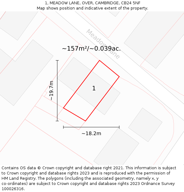1, MEADOW LANE, OVER, CAMBRIDGE, CB24 5NF: Plot and title map