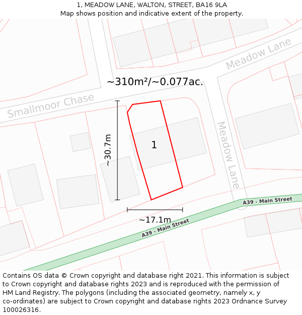 1, MEADOW LANE, WALTON, STREET, BA16 9LA: Plot and title map