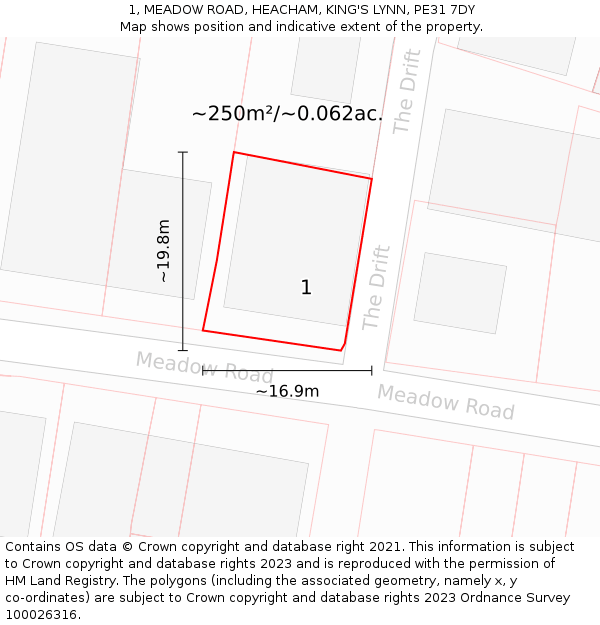 1, MEADOW ROAD, HEACHAM, KING'S LYNN, PE31 7DY: Plot and title map