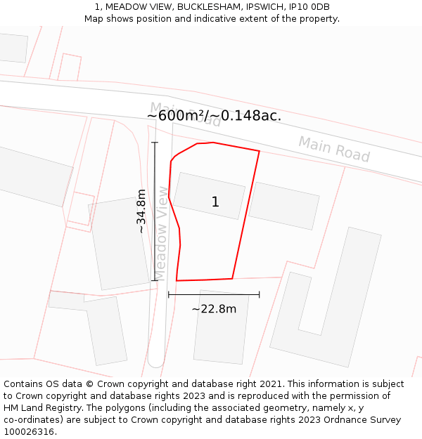 1, MEADOW VIEW, BUCKLESHAM, IPSWICH, IP10 0DB: Plot and title map