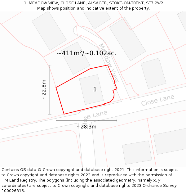 1, MEADOW VIEW, CLOSE LANE, ALSAGER, STOKE-ON-TRENT, ST7 2WP: Plot and title map