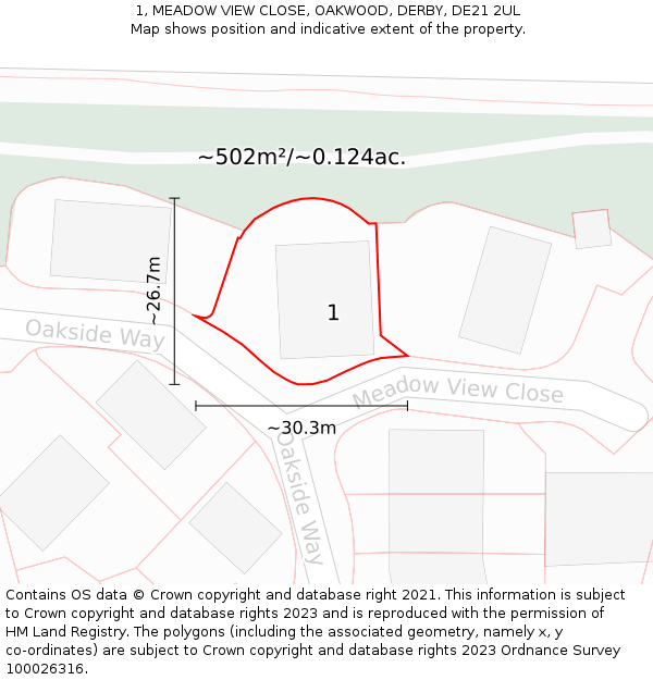 1, MEADOW VIEW CLOSE, OAKWOOD, DERBY, DE21 2UL: Plot and title map