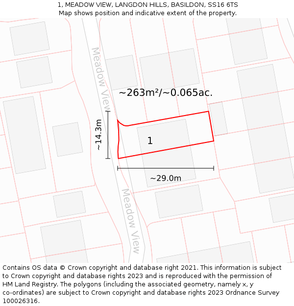 1, MEADOW VIEW, LANGDON HILLS, BASILDON, SS16 6TS: Plot and title map