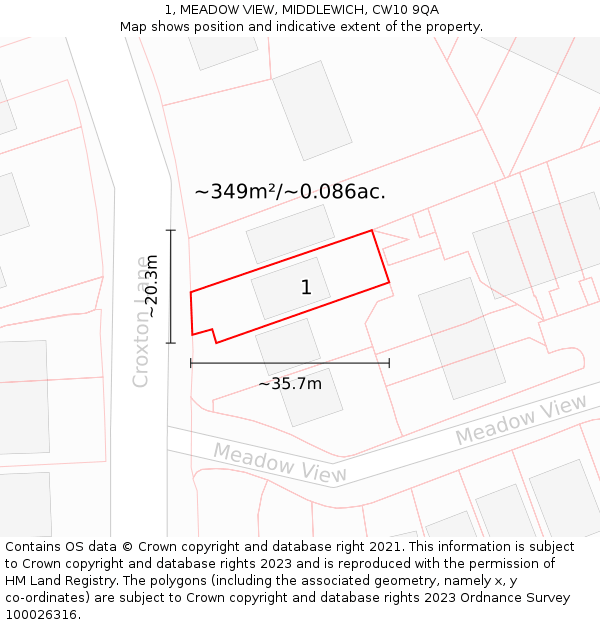 1, MEADOW VIEW, MIDDLEWICH, CW10 9QA: Plot and title map