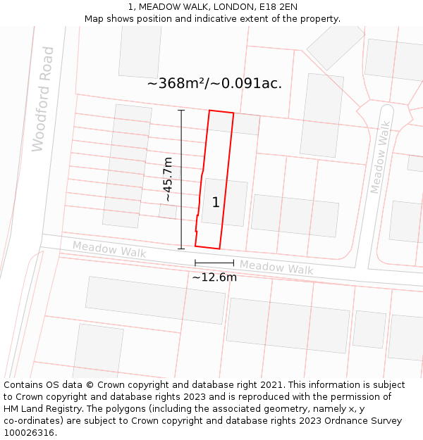 1, MEADOW WALK, LONDON, E18 2EN: Plot and title map